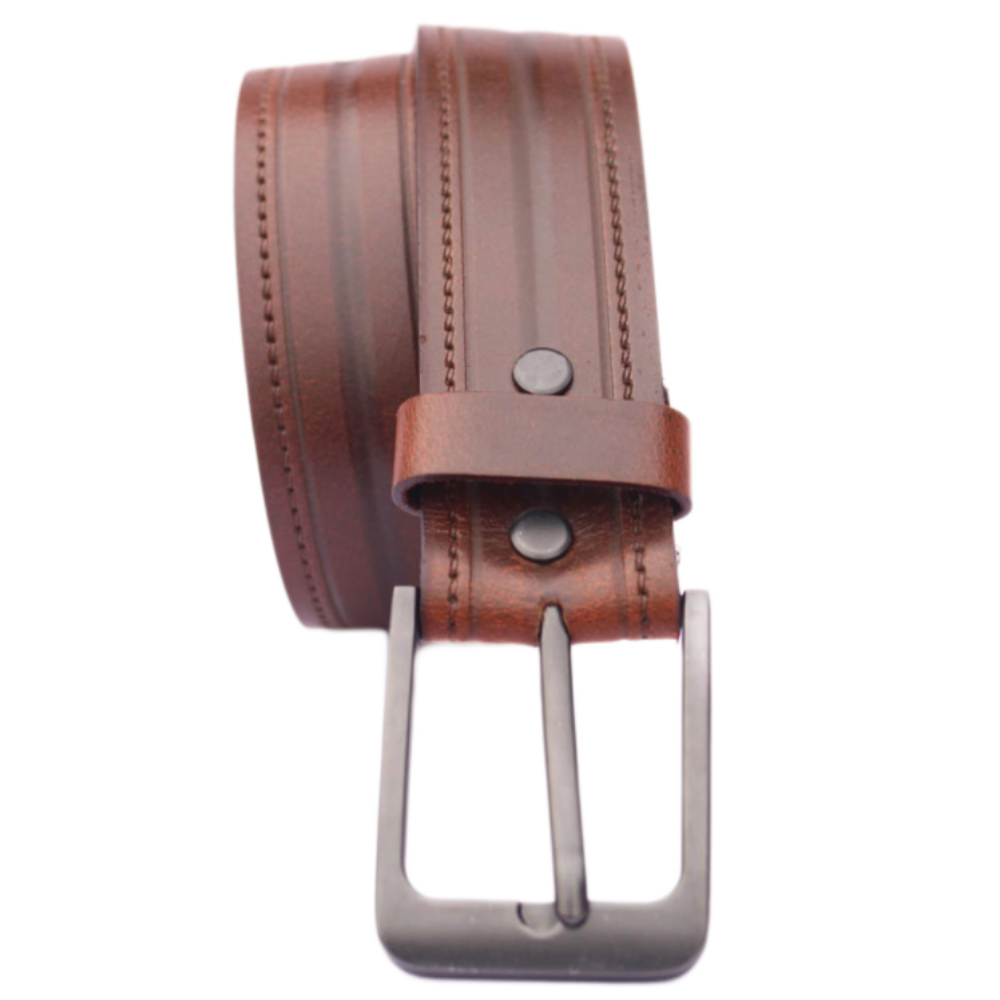 Silver square solid brass buckle (short) - light brown leather belt - 3.5cm  width